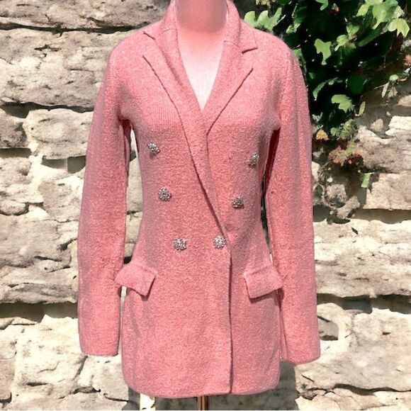 EXPRESS WOMENS SWEATER BLAZER DOUBLE BREASTED RHINESTONE EMBELLISHED PINK XS - Picture 2 of 7